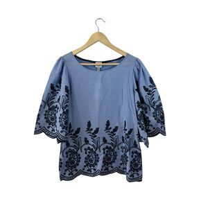 Cupio NWT Large Top Embroidered Boho Blue 1/2 Sleeve NEW Cotton Blend Womens